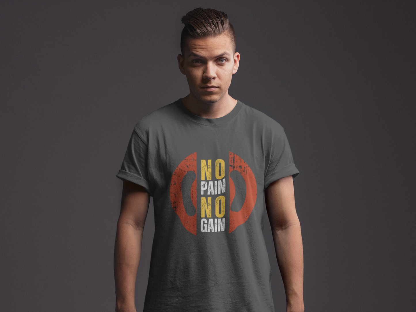 Unisex cotton t-shirt featuring 'No Pain No Gain' print, perfect for workouts and casual wear, shown on a model.