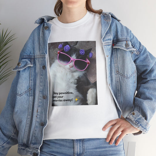 Stay Pawsitive Cat Tee, women Cotton Tshirt. - Trendklo