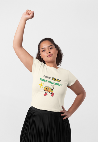 Taco Themed Tee Shirt, Funny Graphic T-Shirt, Gifts for Foodies, Exhale Negativity Tee Unisex Men Women Tshirt. - Trendklo