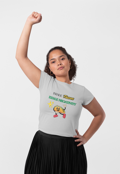 Taco Themed Tee Shirt, Funny Graphic T-Shirt, Gifts for Foodies, Exhale Negativity Tee Unisex Men Women Tshirt. - Trendklo