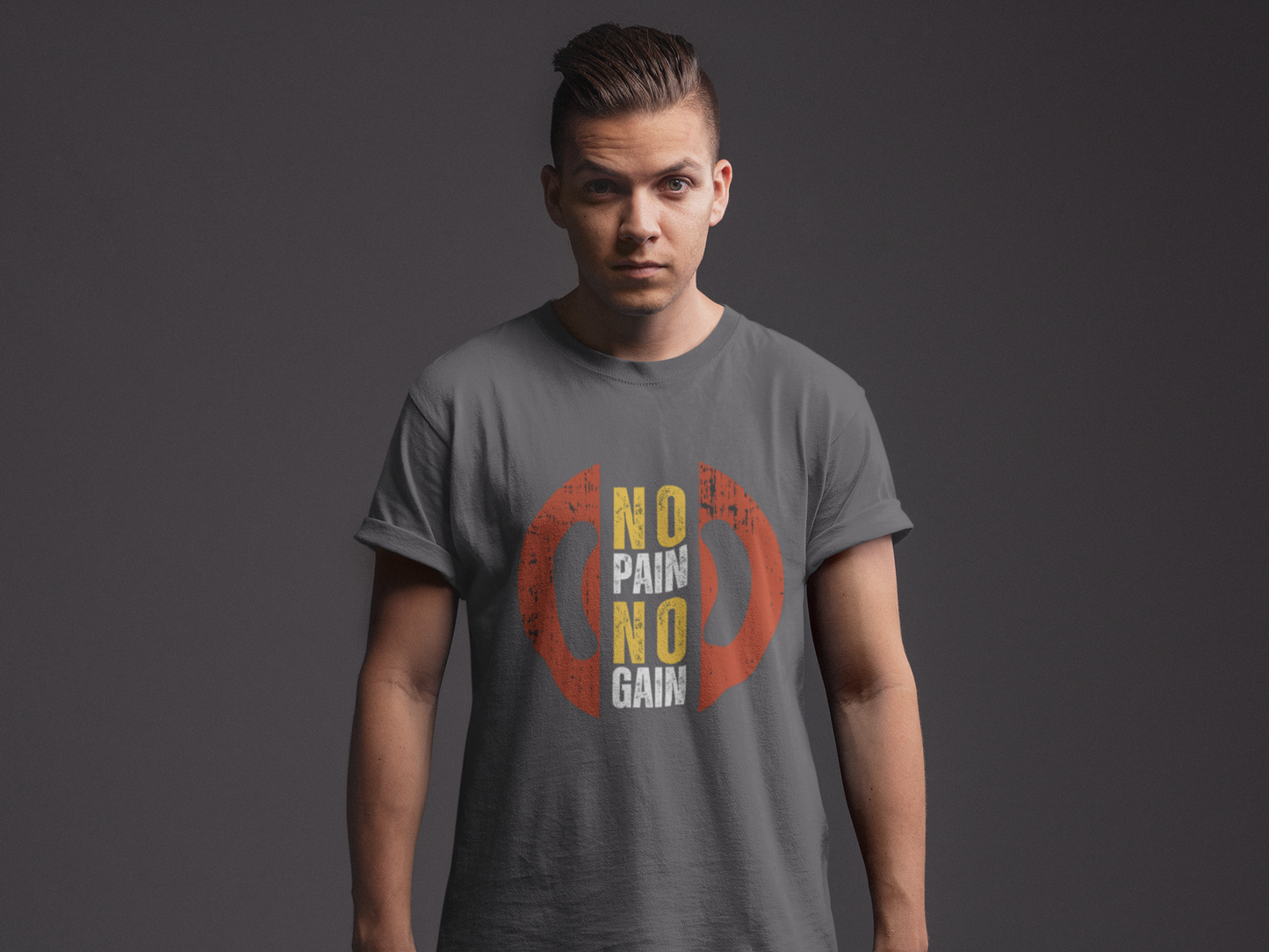 Model wearing a gray unisex cotton tee with 'No Pain No Gain' slogan, ideal for workouts and casual wear.